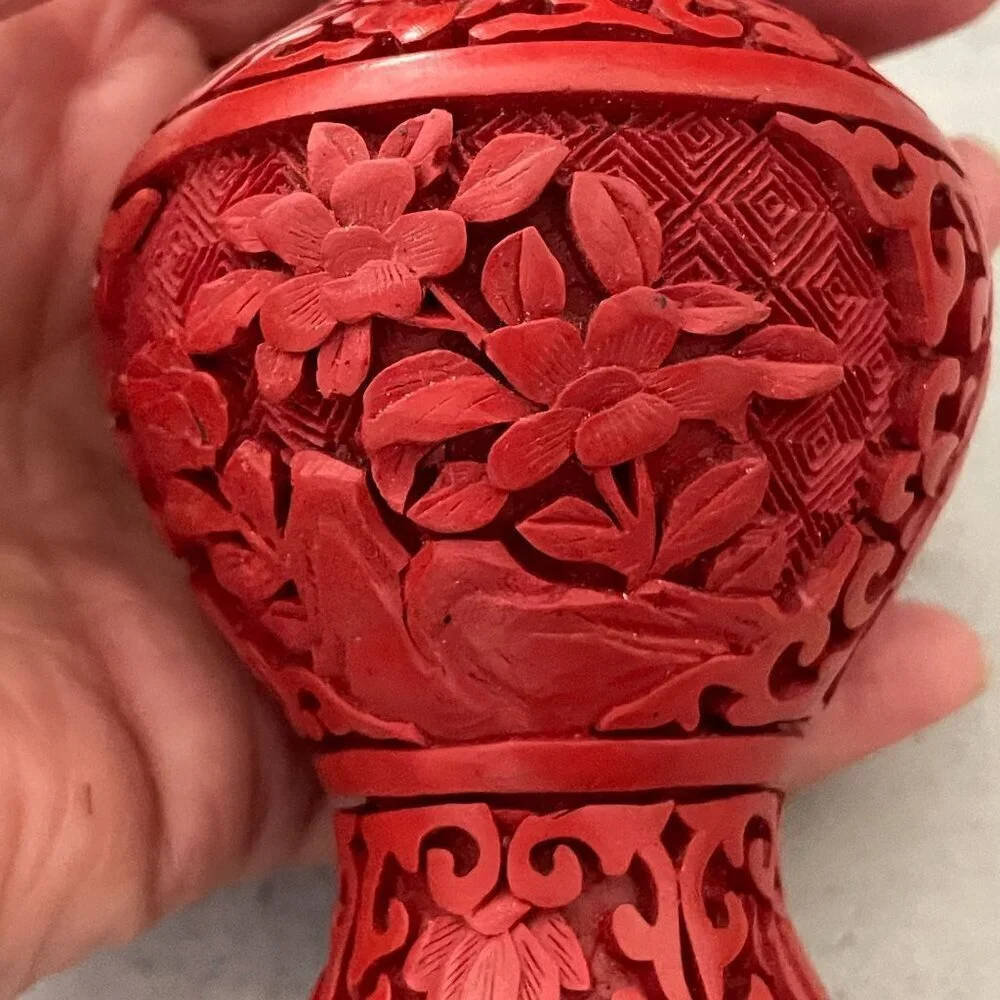 Vintage Red Cinnabar Blue Enamel Brass Hand Carved Lacquer Bud Small Vase 4.25